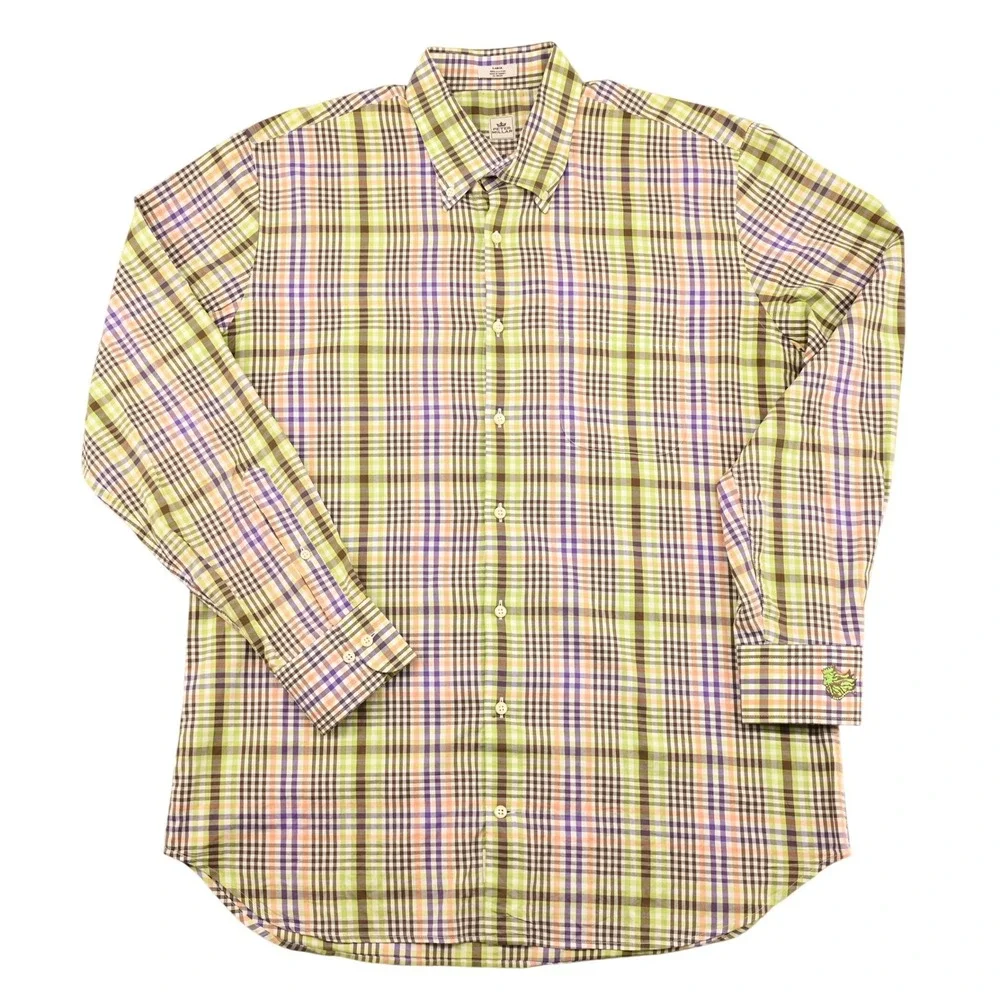100% Cotton Peter Millar Mens L Plaid Custom Embroidered Cuff Luxury Sport Shirt